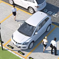 Well-Marked Parking Lot With White Cars Pedestrians And Yellow Parking Lines
