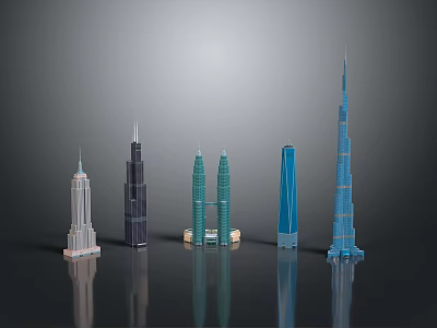 Cartoon Scene Featuring Various Colored Tall Building Models Arranged On Black Background With Reflections 3d model