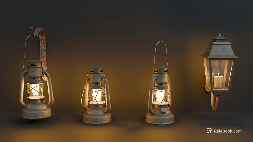 Vintage Lanterns With Lit Candles And Metal Frames On Dark Background 3d model 