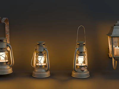 Vintage Lanterns With Lit Candles And Metal Frames On Dark Background 3d model