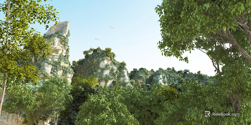 Scenic landscape with rocky mountain peaks covered in green vegetation and lush trees under clear blue sky 3d model 