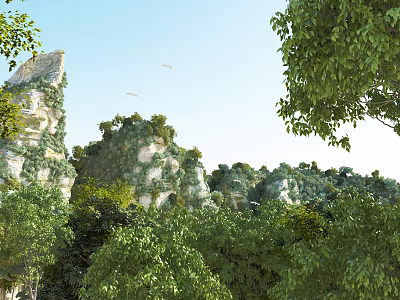 Scenic landscape with rocky mountain peaks covered in green vegetation and lush trees under clear blue sky 3d model