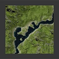 Detailed 3D Terrain Model With Green Mountain Ranges And Blue Water Bodies