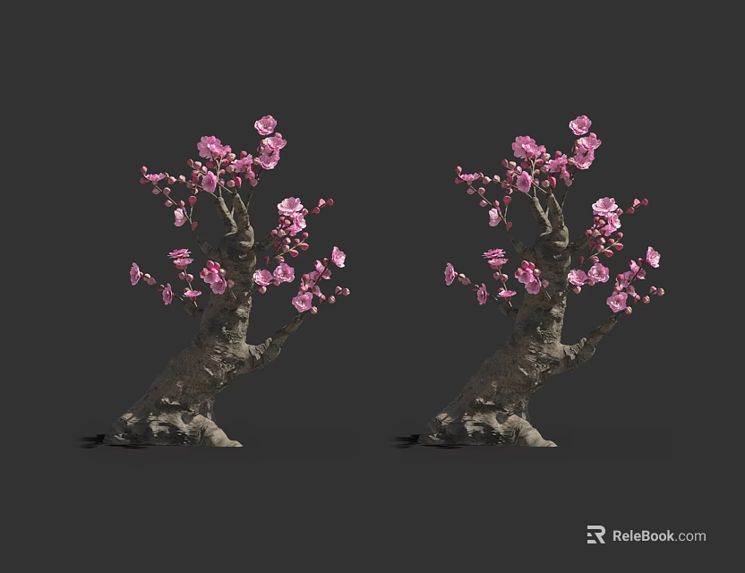 Twin Flowering Arbor With Pink Blossoms And Twisted Branches On Gray Background 3d model 