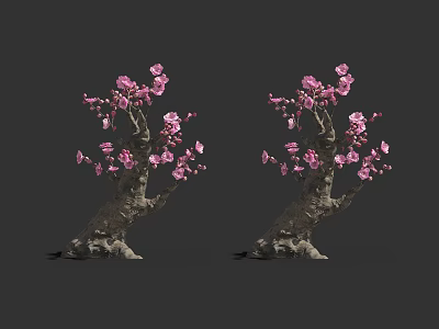 Twin Flowering Arbor With Pink Blossoms And Twisted Branches On Gray Background 3d model