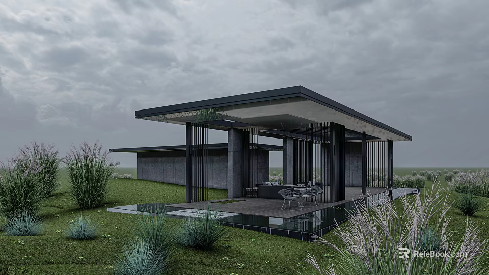 Modern Outdoor Pergola With Metal Frame Open Structure Grass Pool Area And Relaxing Seating 3d model 