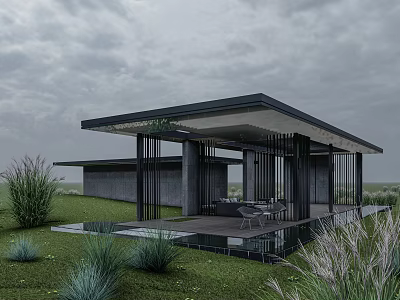 Modern Outdoor Pergola With Metal Frame Open Structure Grass Pool Area And Relaxing Seating 3d model