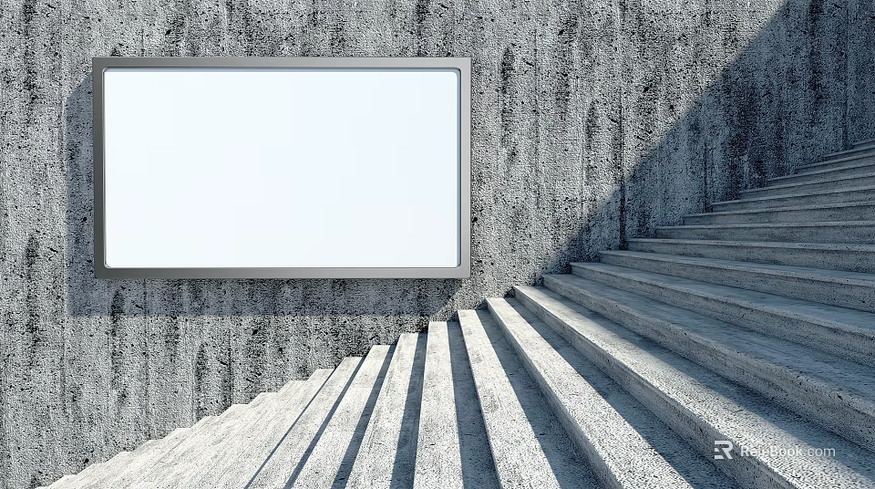 Blank White Billboard Mounted Against Concrete Wall With Concrete Stairs Nearby 3d model 