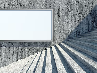Blank White Billboard Mounted Against Concrete Wall With Concrete Stairs Nearby 3d model