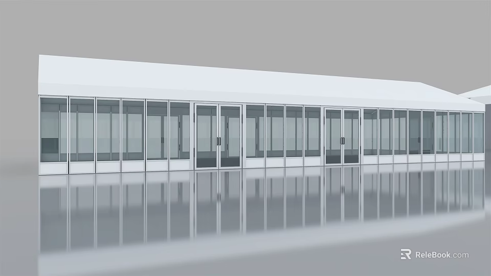 Modern White Tent Structure With Glass Doors And Reflective Floor Surface 3d model