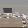 Various Computer Devices On Wooden Desk Including Desktop Monitor Laptop Tablet And Accessories