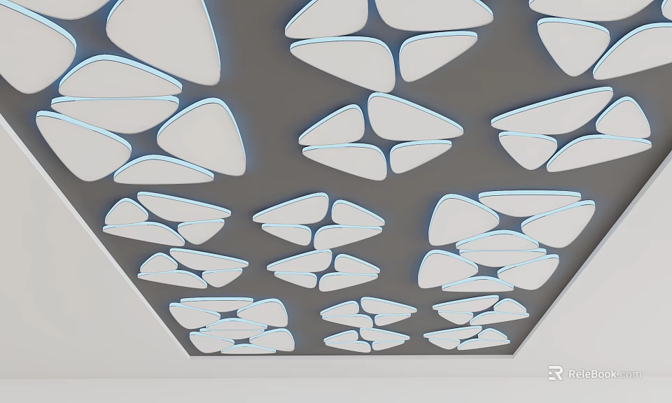 Modern Ceiling Design With White Geometric Shapes And Blue Lighting Accents 3d model 