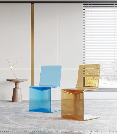 Modern Transparent Blue and Gold Chairs in Minimalist Interior with White Wall and Window 3d model