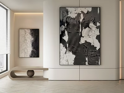 Textured Abstract Paintings In Black White Gray Tones For Modern Interior Wall Art 3d model