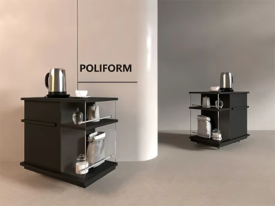 Poliform Black Modern Side Table With Metal Kettle And Transparent Shelves 3d model
