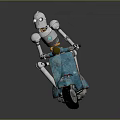 Silver Metallic Robot Riding Blue Vintage Scooter With Orange Headlight And Rustic Accents
