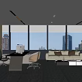 Open Modern Office Interior Featuring Floor to Ceiling Windows City View Desk Sofa Chair
