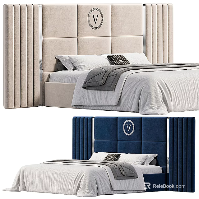 Modern Double Bed With Vertical Stripe Upholstered Headboard And White Grey Bedding 3d model