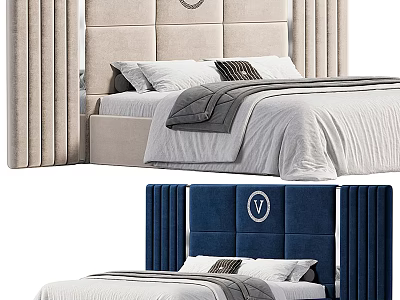 Modern Double Bed With Vertical Stripe Upholstered Headboard And White Grey Bedding 3d model
