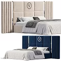 Modern Double Bed With Vertical Stripe Upholstered Headboard And White Grey Bedding 3d model