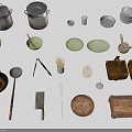 Practical Household Items Including Pots Bowls Frying Pan Spoons Knives And Bamboo Trays