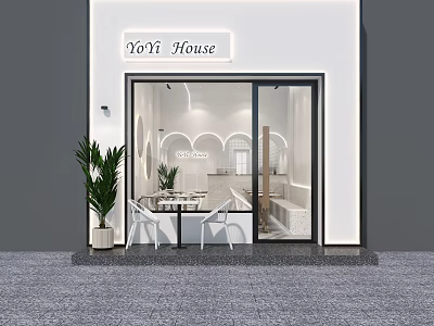 Yofi House Storefront Exterior With White Design Glass Door Outdoor Chairs Table And Green Plant 3d model