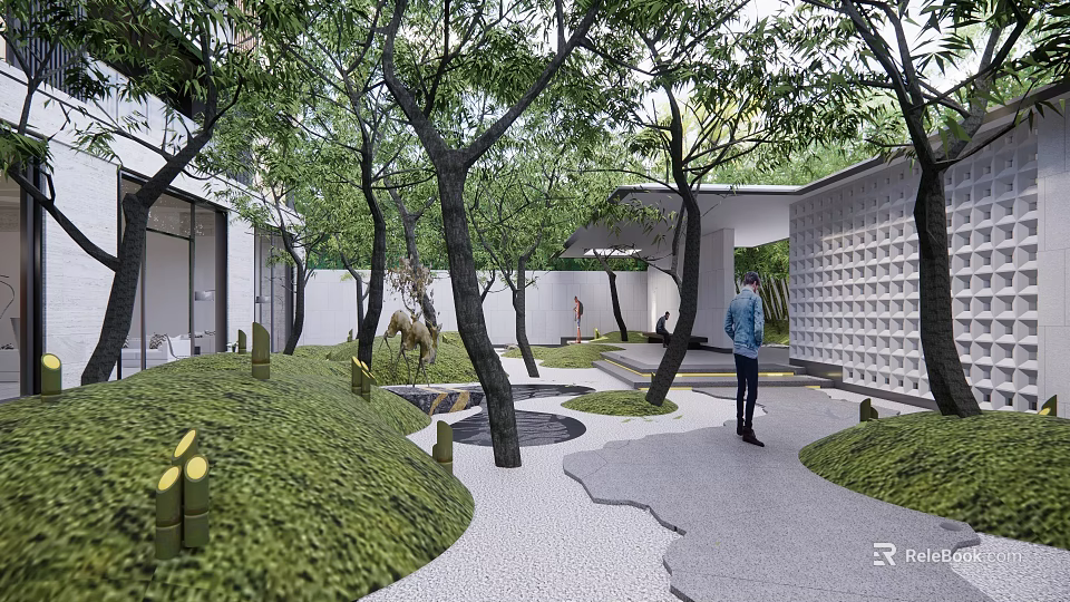 Modern Courtyard Featuring Lush Greenery Winding Pathway and Contemporary Architecture 3d model 