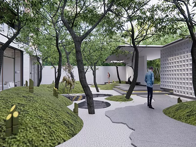 Modern Courtyard Featuring Lush Greenery Winding Pathway and Contemporary Architecture 3d model