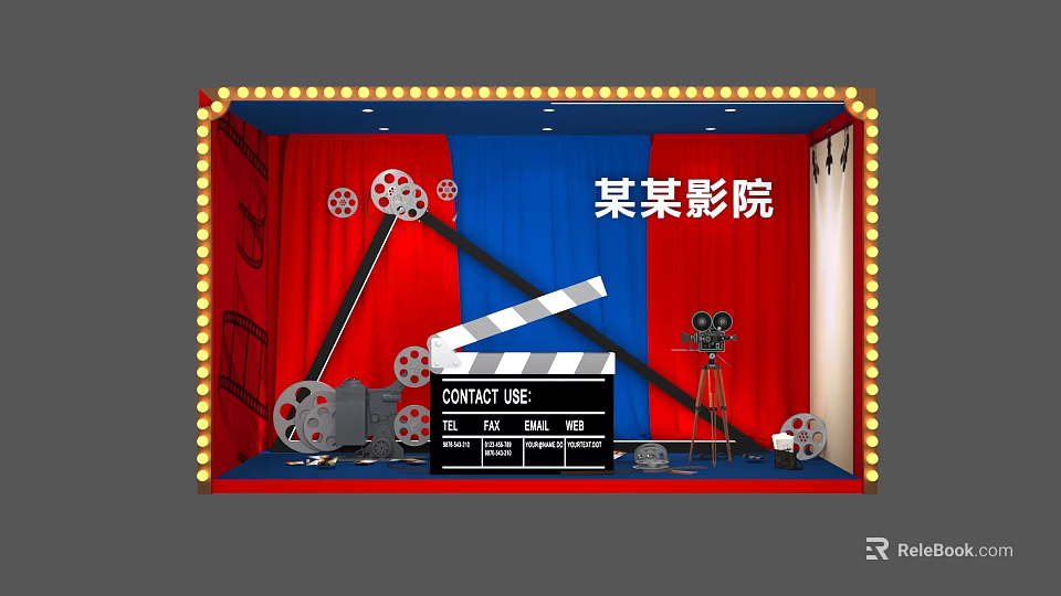 Cinema Themed Decor Setup With Red Blue Curtains Film Reels Clapperboard And Spotlight 3d model 