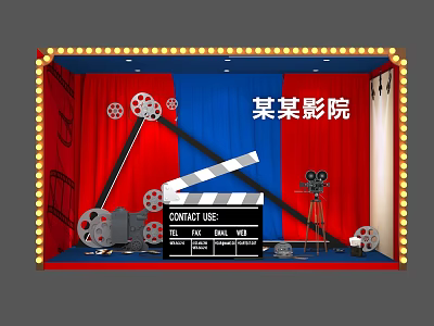 Cinema Themed Decor Setup With Red Blue Curtains Film Reels Clapperboard And Spotlight 3d model