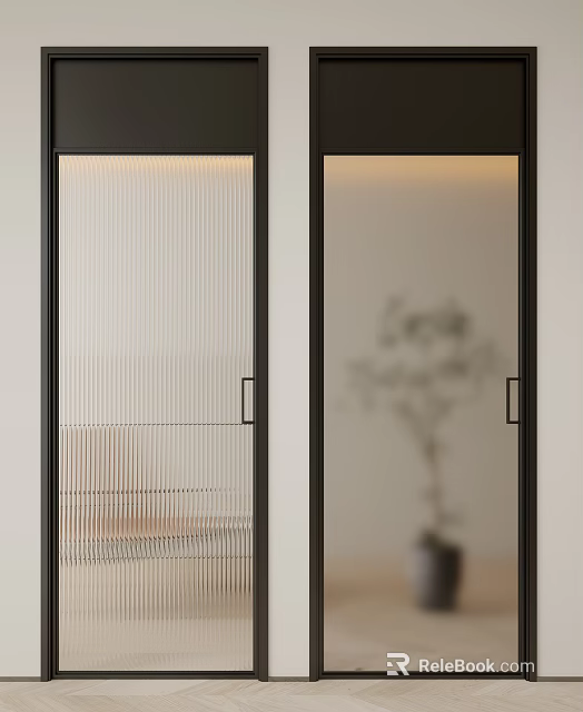 Modern Casement Doors With Black Frames Vertical Striped And Frosted Glass Plant Background 3d model 