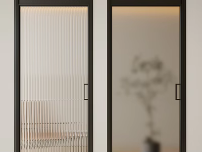 Modern Casement Doors With Black Frames Vertical Striped And Frosted Glass Plant Background 3d model