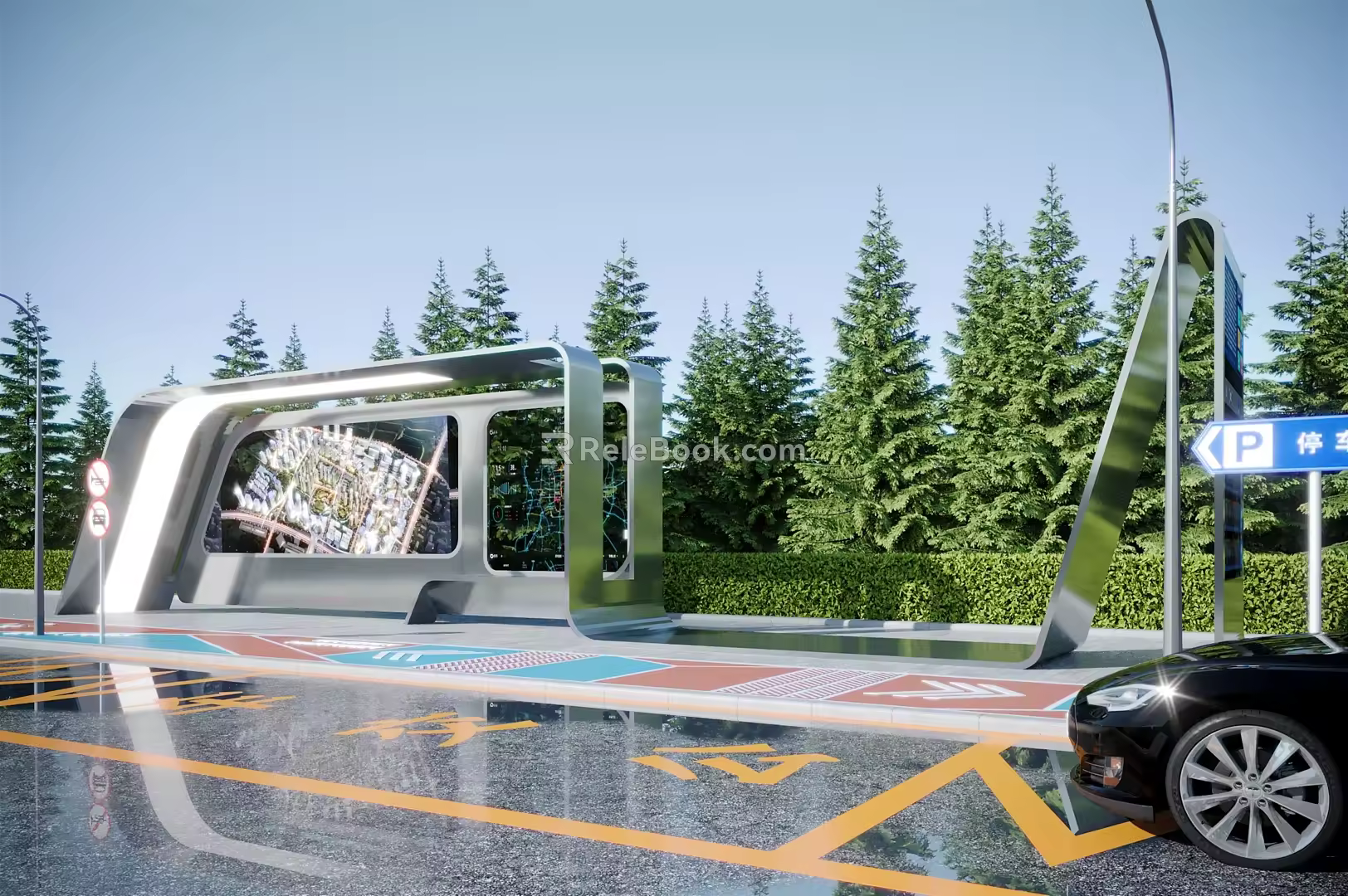 Modern platform bus stop shelter 3d model