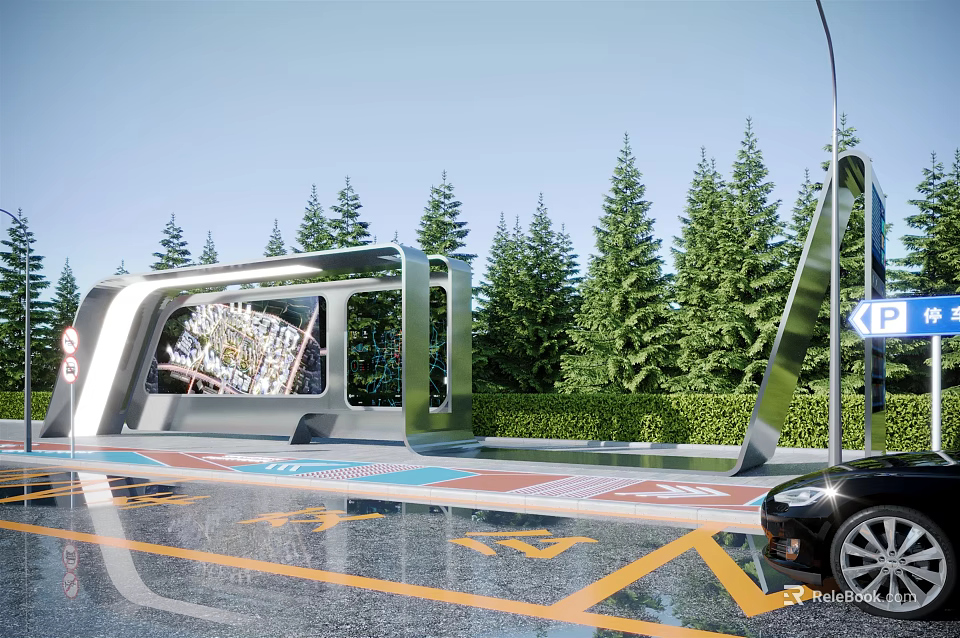 Modern Bus Stop With Glass Structure Green Trees Traffic Markings And Black Car 3d model 