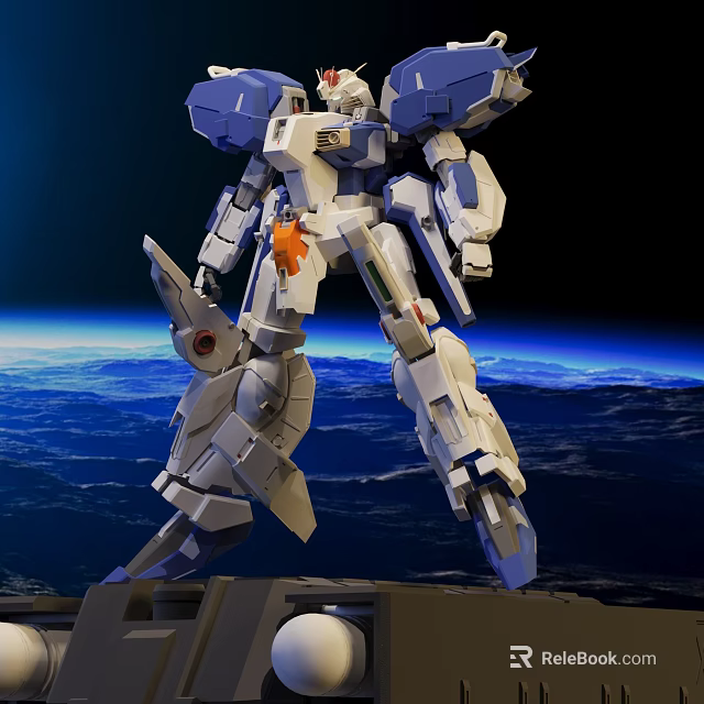 Blue And White Gundam Model In Standing Pose With Earth Space Background 3d model 