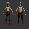 Female Cowboy Character 3D Model Showing Front Back View White Top Black Pants