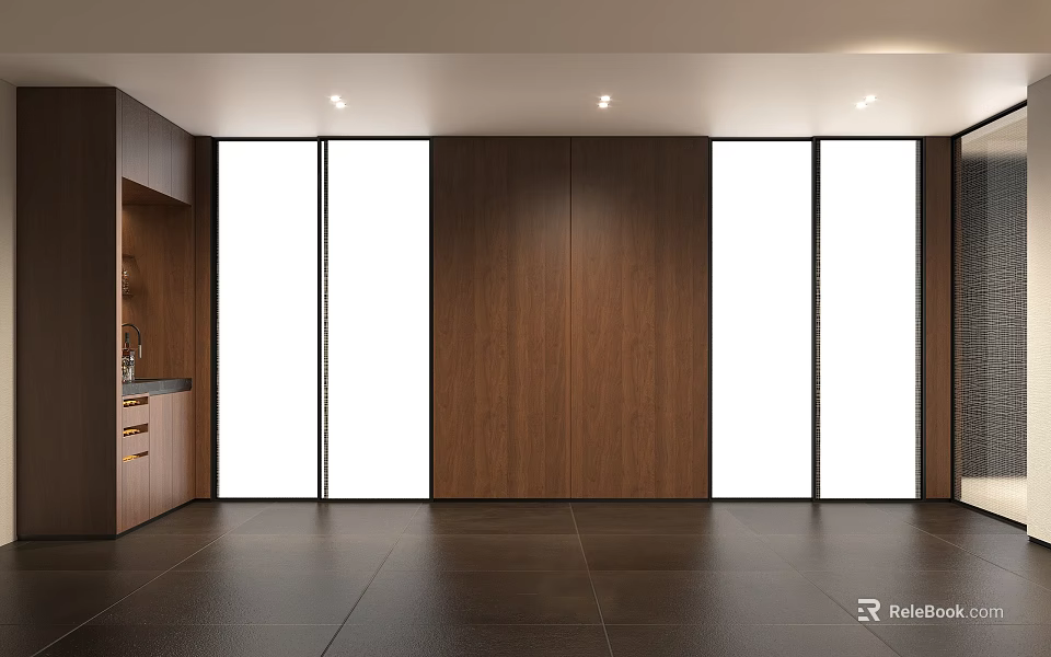 Modern Entryway Hallway Interior With Wooden Panel Walls Large Glass Windows And Sink Counter 3d model 
