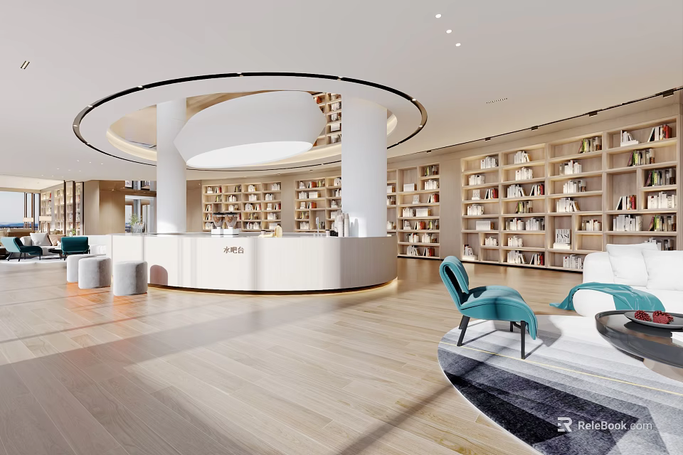 Modern Library Interior Design With Circular Reception Bookshelves And Seating 3d model