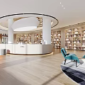 Modern Library Interior Design With Circular Reception Bookshelves And Seating 3d model