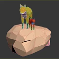 Geometric Fox Figurines Parent and Baby Standing on Pink Polygonal Stone