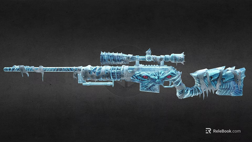 Frost Themed Sniper Rifle With Icy Texture Detailed Carvings And Red Glowing Eyes 3d model 