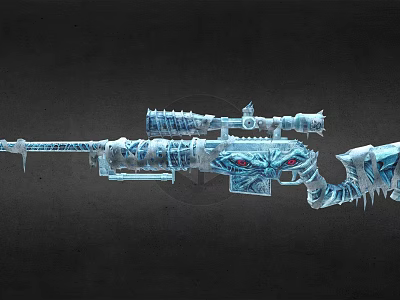 Frost Themed Sniper Rifle With Icy Texture Detailed Carvings And Red Glowing Eyes 3d model