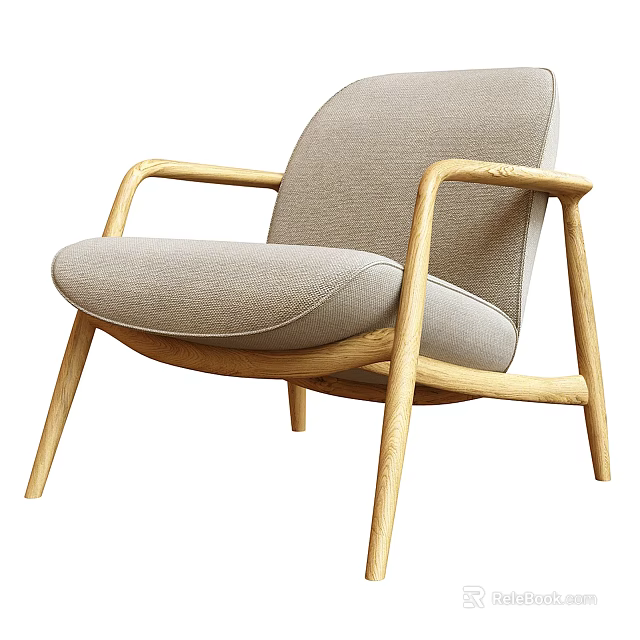 Modern Light Gray Upholstered Armchair With Wooden Armrests And Legs 3d model 