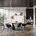 Elegant Modern Restaurant Interior With Round Dining Table Green Chairs Chandelier And Fireplace