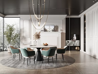 Elegant Modern Restaurant Interior With Round Dining Table Green Chairs Chandelier And Fireplace 3d model