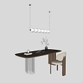 Modern Wooden Desk With Book Cup Vase Plant And Beige Chair Under Spherical Pendant Lights