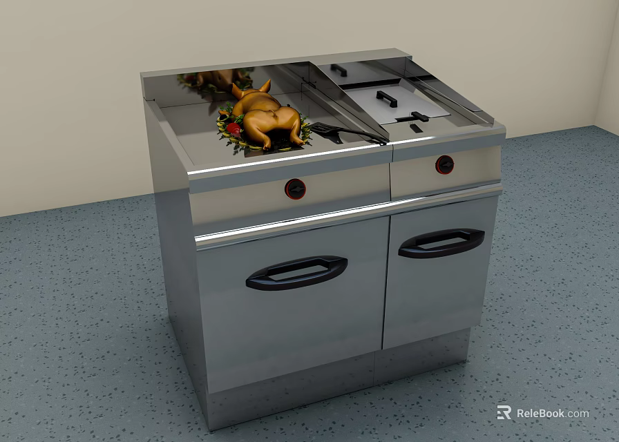 Functional Stainless Steel Kitchen Cooking Equipment With Drawers And Countertop Surface 3d model 