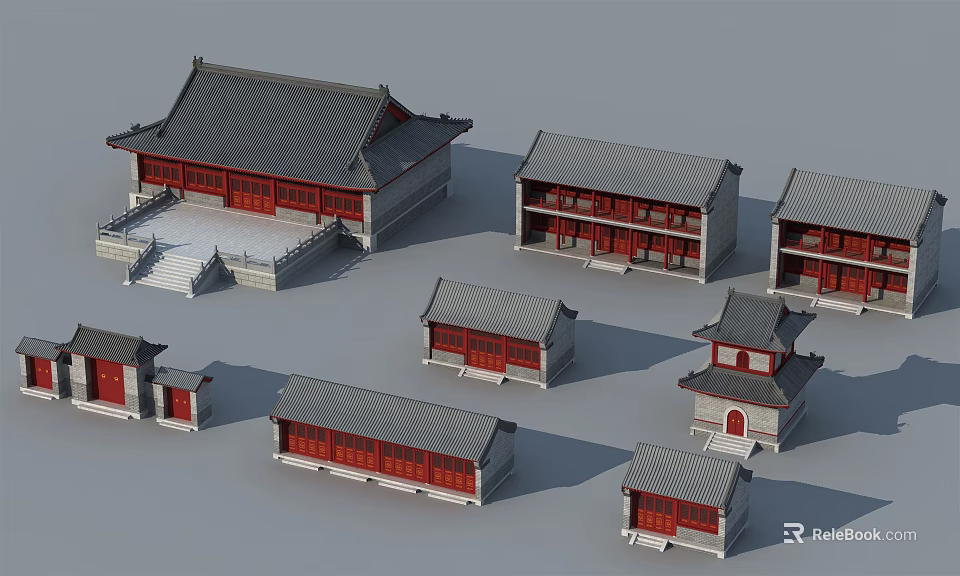 Ancient Architecture Models With Gray Roofs Red Doors Windows And Various Sizes 3d model 