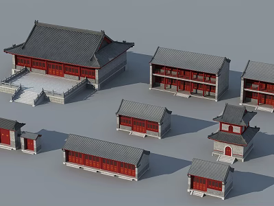 Ancient Architecture Models With Gray Roofs Red Doors Windows And Various Sizes 3d model