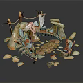 Natural Animal Habitat Scene With Stone Structures And Wooden Decorative Elements